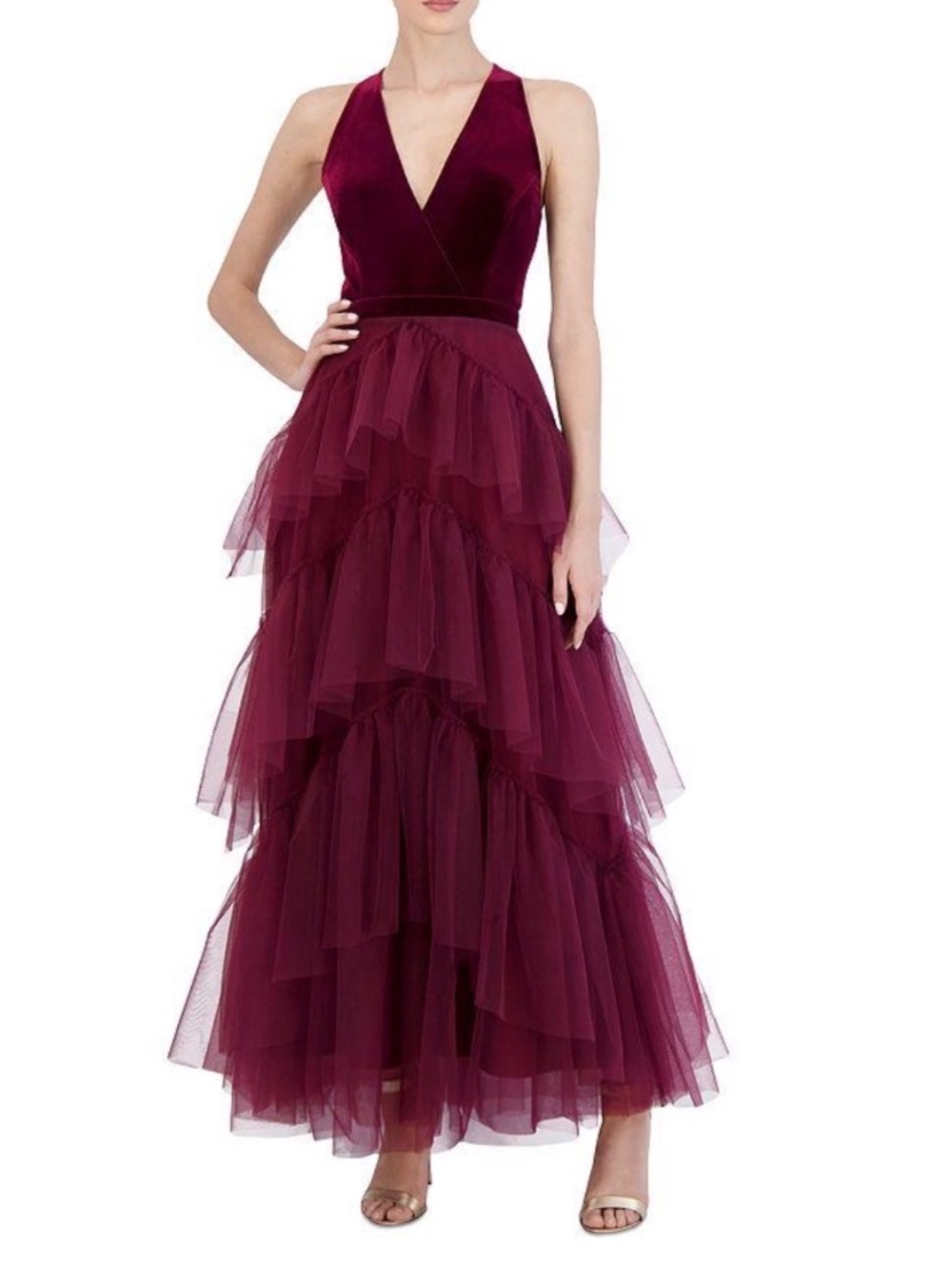 BCBG Ruffled Gown Velvet Top Tulle Bottom